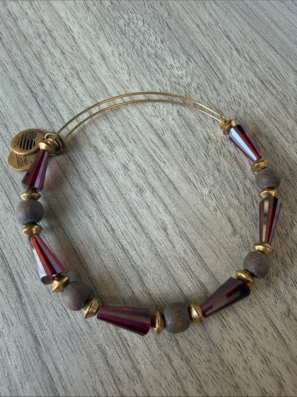 Gold-Tone Bracelet with Red Faceted Beads and Wood Accents